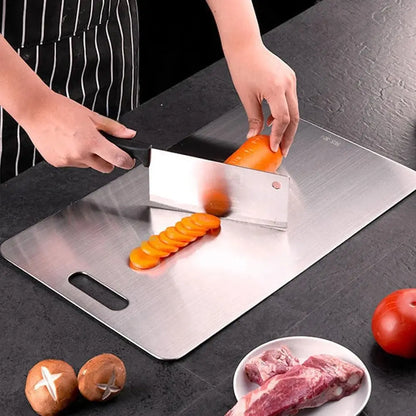 Anti-bacterial, rust-resistant stainless steel cutting board.