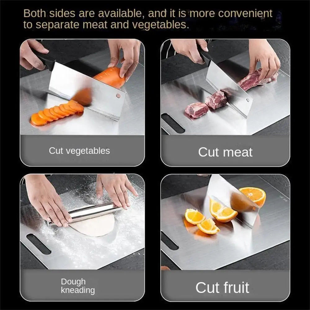 Anti-bacterial, rust-resistant stainless steel cutting board.