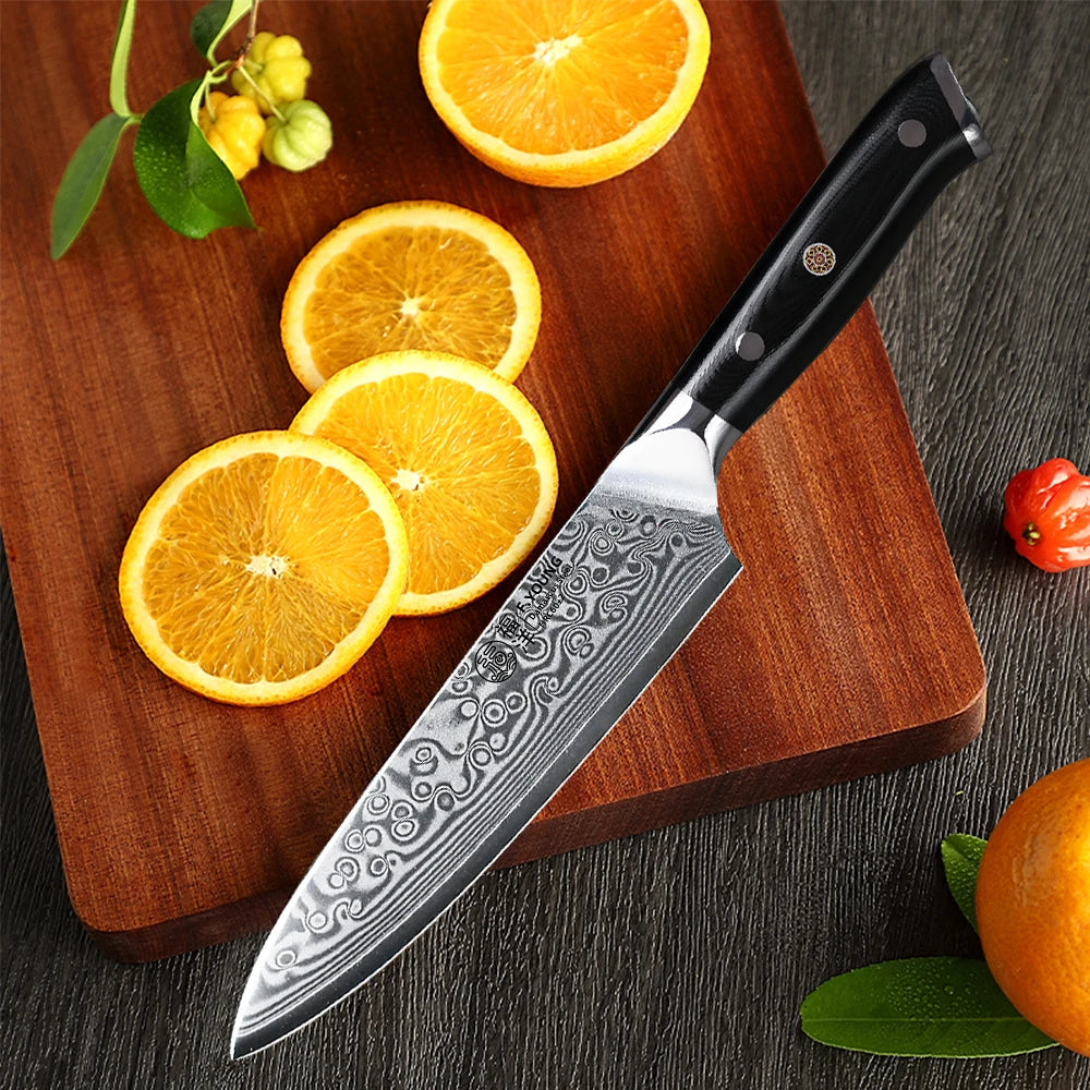 Damascus steel utility kitchen knife with handle