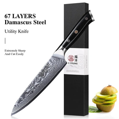 Damascus steel utility kitchen knife with handle