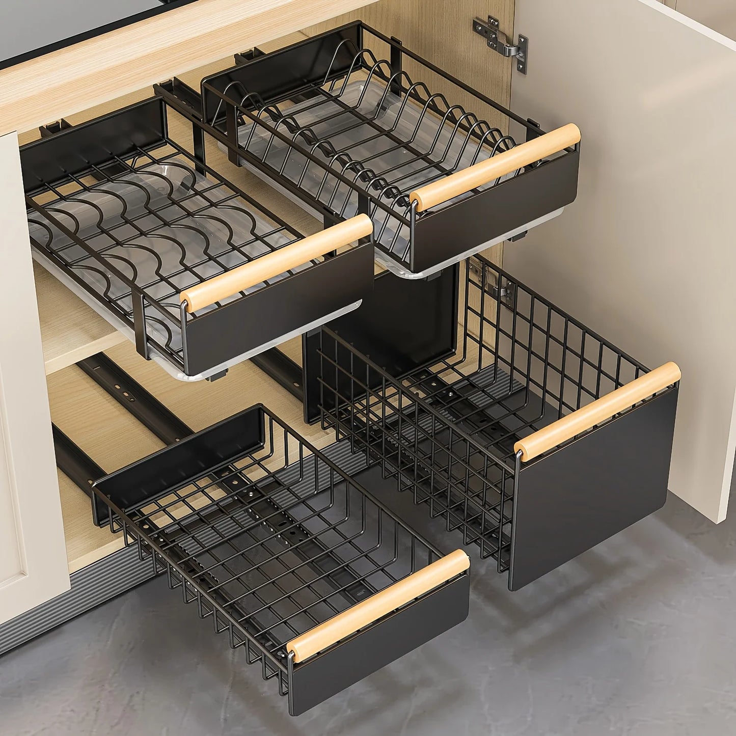 Retractable dish rack with wooden handle and draining tray