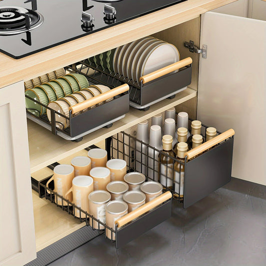 Retractable dish rack with wooden handle and draining tray