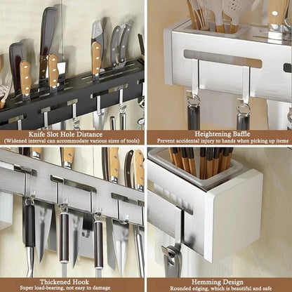 Wall-mounted stainless steel knife and kitchen utensil holder