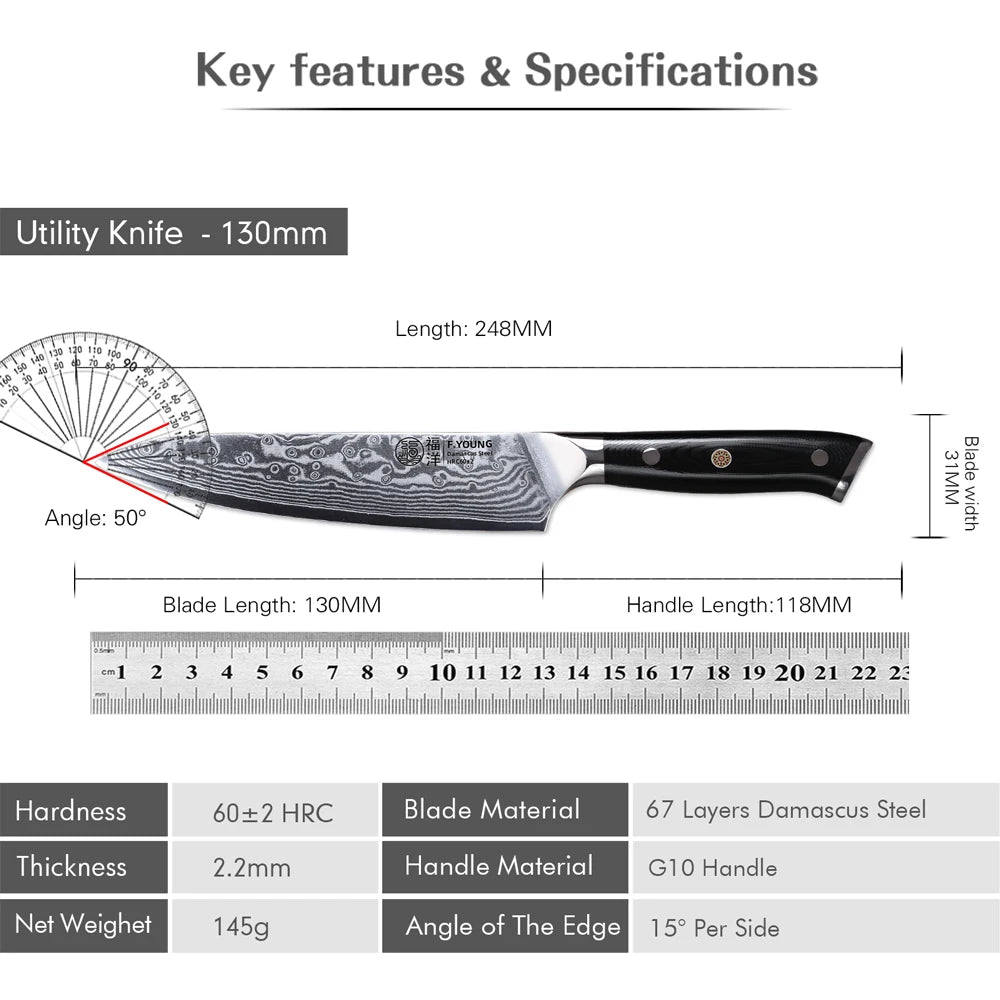 Damascus steel utility kitchen knife with handle