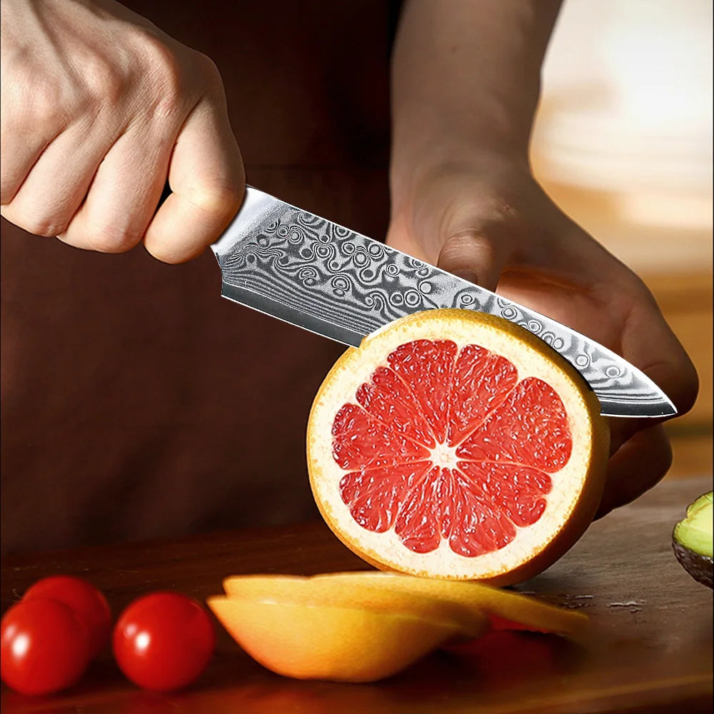 Damascus steel utility kitchen knife with handle