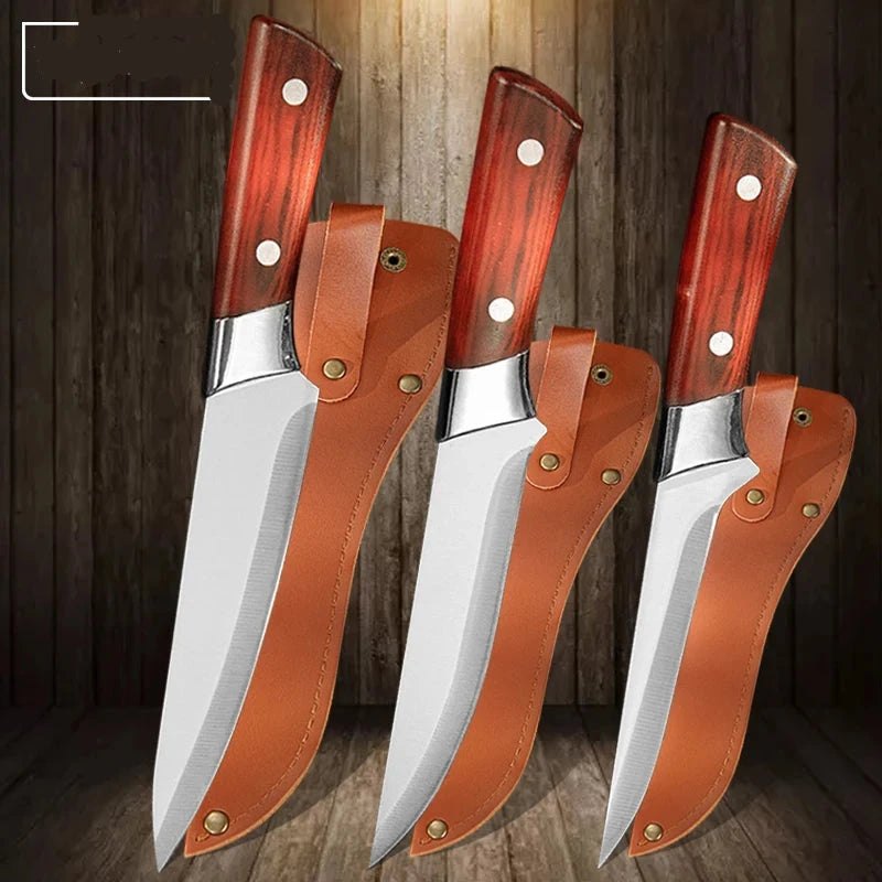 Meat knife with sheath for kitchen and camping