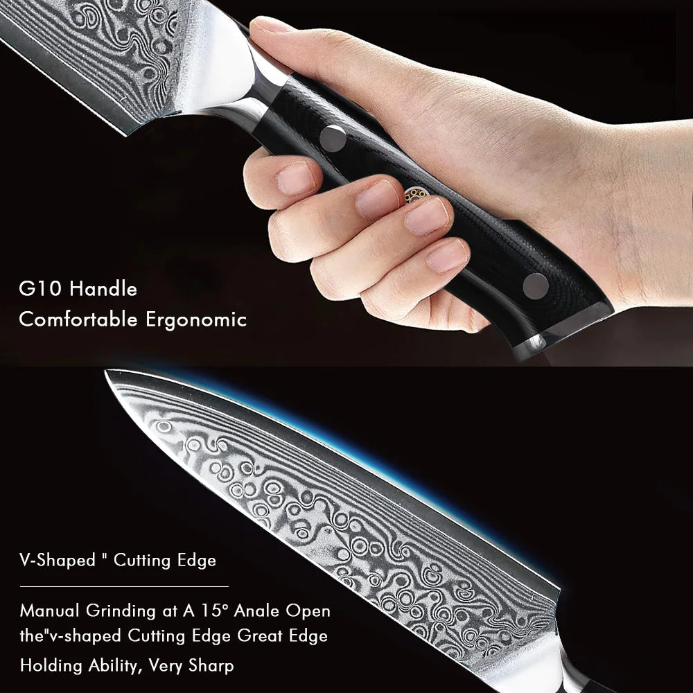 Damascus steel utility kitchen knife with handle