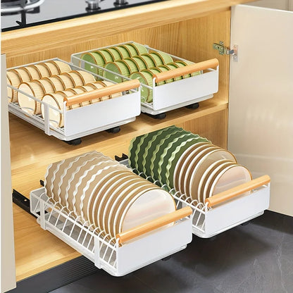 Retractable dish rack with wooden handle and draining tray